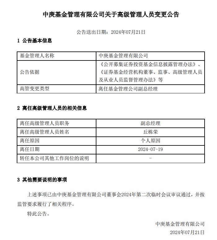 丘棟榮因個人原因離任中庚基金副總經(jīng)理