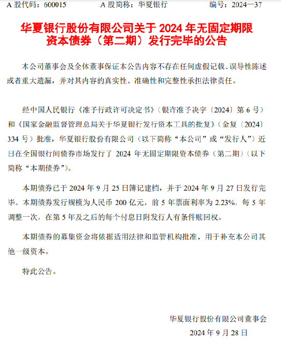 華夏銀行：200億元無固定期限資本債券發行完畢
