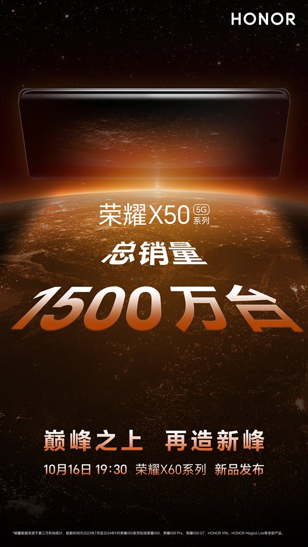 榮耀X60系列定檔10月16日發布：前代銷量破1500萬臺 每2.7秒賣出一臺