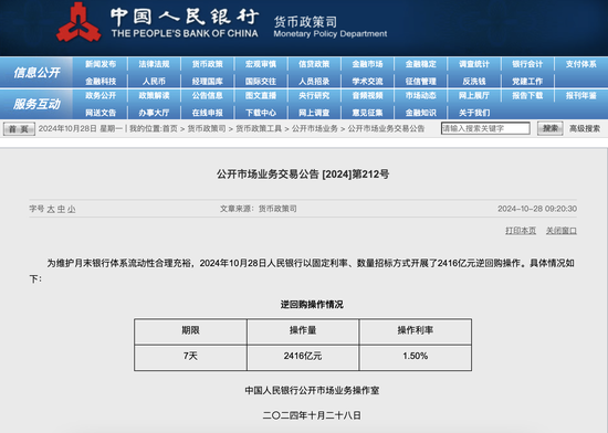 央行今日進(jìn)行2416億元7天期逆回購操作