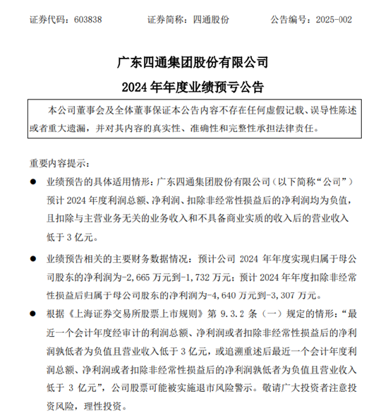 四通股份2024年業(yè)績預(yù)虧，營收低于3億元可能被實施ST