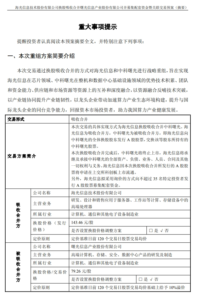 千億重組預案出爐，海光信息、中科曙光，明日復牌